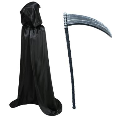 Imagem de AGCOAH Capa de cetim adulto longa unissex com capuz capa preta 2 peças com acessórios de foice masculino feminino casaco medieval Halloween Natal Coaplay cetim fantasia 167 centímetros