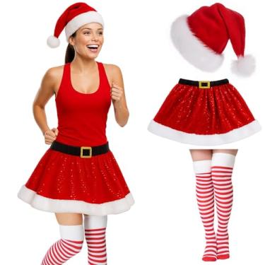 Imagem de Bonuci 3 peças de fantasia de corrida de Natal incluem saia tutu chapéu listrado até o joelho meias de Natal acessórios de vestido para mulheres, Vermelho, 12.99 x 15.75 inches/33 x 40 cm