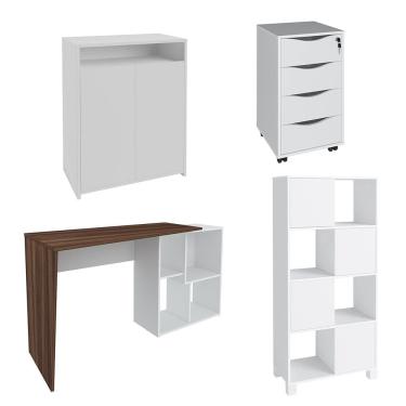 Imagem de Conjunto Escritório Home Office 4 Peças Look A06 Branco/Ipê - Mpozenato