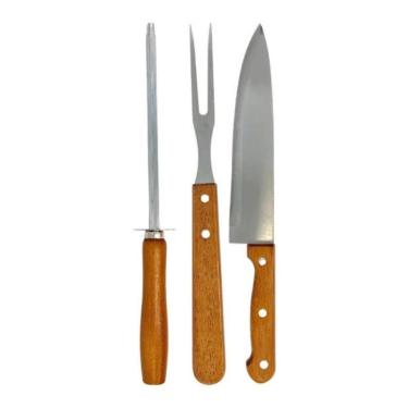 Imagem de Kit 3 Peças Para Churrasco Com Cabo De Madeira Aço Inox