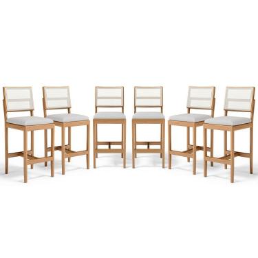 Imagem de Kit Com 6 Banquetas Milena Madeira Maciça Assento Estofado Encosto De Tela Sintética Linho Cinza 407