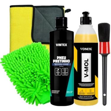 Imagem de Kit Limpeza Automotiva Vonixx Shampoo Desincrustante 500ml Pneu Pretinho Luva Microfibra Toalha Dupla Face Karbox