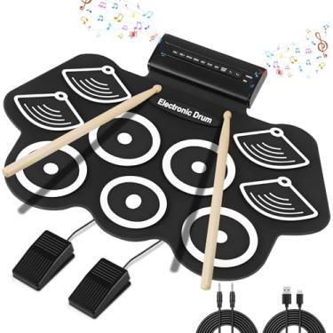 Imagem de Bateria Eletrônica Portátil Instrumento Musical 9 Pads Drum Pedais Baquetas com Fonte