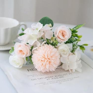 Imagem de Buquê de rosas de seda e crisântemos para noivas, flores artificiais para casamento, jardim ao ar livre, vaso para casa, decoração de mesa, guirlanda, acessórios para presente (champanhe)