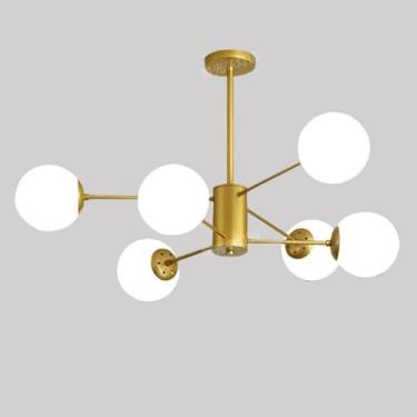 Imagem de Lustre moderno dourado, luminária de teto, vidro leitoso, pendente, grande, V-intage, industrial, foyer, lustre para sala de estar, quarto, cozinha, ilha, banheiro, 6 luzes