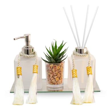 Imagem de Kit Lavabo Luxo De Vidro C/Base Espelhada, Saboneteira, Difusor Aromatizador - Vidro&Decor (Branco)