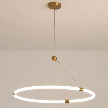 Imagem de Lustre LED moderno 3 anéis redondo circular pendurado luz pendente V-intage dourado moderno lustre de teto para entrada sala de estar quarto hall cozinha ilha, 15,7" 19,6", 60 cm