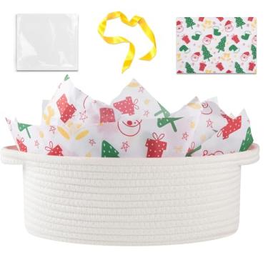 Imagem de OIAHOMY Cesta de presente de Natal com alça, cesta de tecido pequena com saco de presente, fita e papel de embrulho, caixas de berçário vazias para encher com itens pequenos, organizador de brinquedos