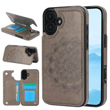 Imagem de Capa carteira para iPhone 17, anti-impressão digital com couro sintético durável e TPU, padrão mandala em relevo, à prova de choque, 3 compartimentos para cartão e suporte (cinza)