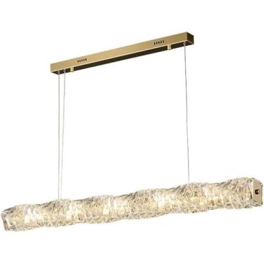Imagem de Lustre de cristal linear, lustre de níquel escovado, moderno, com faixa longa, pendente de LED, 32 W, dourado, grande, luminária de teto para cozinha, ilha, sala de estar, bar, restaurante,