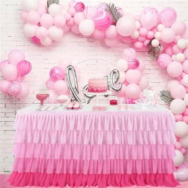 Imagem de emopaw Saia de mesa tutu de 1,8 m para mesas redondas retangulares de chiffon para decorações de festa de aniversário, festas de chá de bebê, saia de mesa com babados (rosa, 1,8 m)