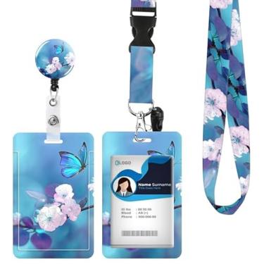 Imagem de Porta-crachá de identificação com cordão retrátil e chaveiro, carretel de crachá com mosquetão giratório, linda borboleta azul com etiqueta de nome para cartão de identificação, protetor de identidade