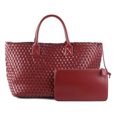 Imagem de Bolsa feminina de tecido retrô feita à mão, bolsa de ombro para viagem, bolsa Hobo de couro vegano de grande capacidade com bolsa, Borgonha, X-Large