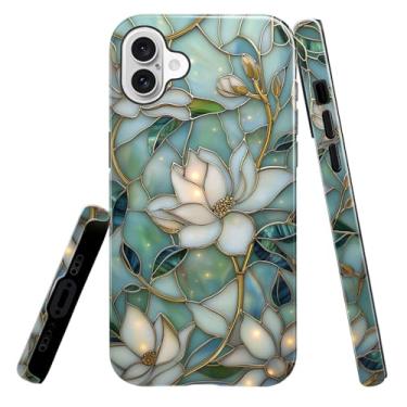 Imagem de heindiy Compatível com iPhone 16, capa brilhante com proteção total à prova de choque e anti-arranhões, capas para homens e mulheres - flores de magnólia vintage