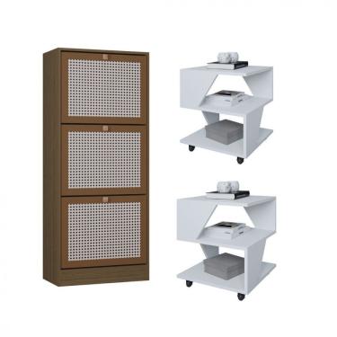 Imagem de Kit Sapateira Spin Tropical 3 Portas E 2 Mesas De Cabeceira Branco/carvalho