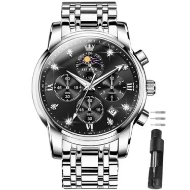 Imagem de OLEVS Relógios masculinos com cronógrafo, luxuoso, de aço inoxidável, mostrador grande, multifunções, fácil de ler, diamante numerais romanos, relógio de pulso de negócios Reloj para Hombre, Pulseira