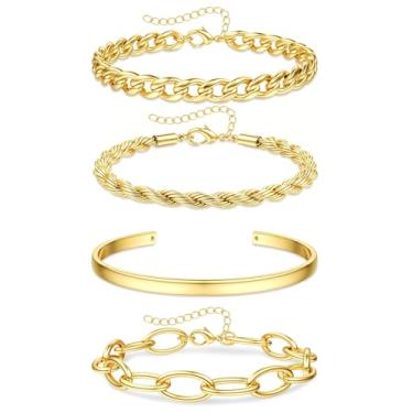 Imagem de Pulseiras femininas de corrente dourada não manchadas, banhadas a ouro 14 K, à prova d'água, em camadas, modernas, delicadas, com elos cubanos, pacote de pulseiras para joias e presentes, one size
