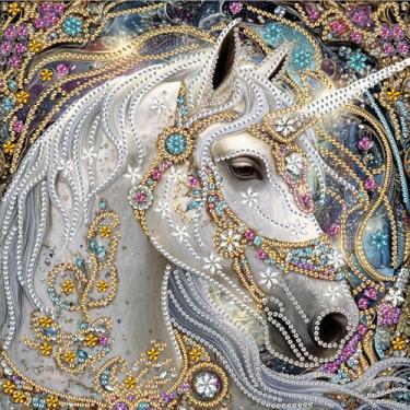 Imagem de Diymood Kits de arte de diamante de forma especial DIY para cavalos adultos, kits de pintura de diamante 5D broca completa animal tela redonda bordado mosaico iniciante casa decoração de parede