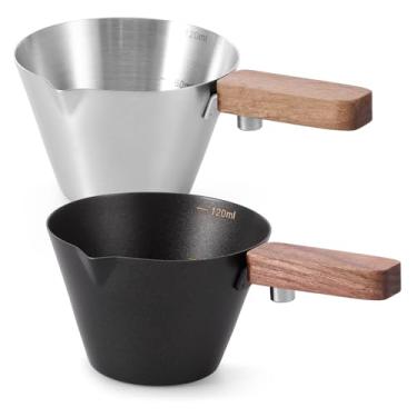 Imagem de KHZSPP 2 copos de café expresso de aço inoxidável com cabo e bico de madeira, copos de café expresso de 120 ml com escala dupla, mini copo de leite para medida de café barista (estilo 2)