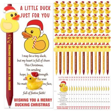 Imagem de Ctosree 100 conjuntos de canetas esferográficas de pato de borracha de Papai Noel, mini patos de resina com cartões de apoio de pato de Natal inspiradores, presentes de Natal para funcionários