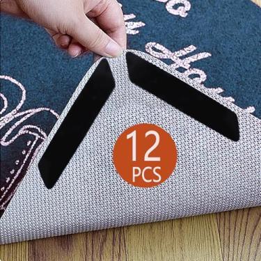 Imagem de 12 peças de fita de tapete, almofadas antiderrapantes para pisos e azulejos de madeira, fita de carpete reutilizável para tapetes de área, adesivos de tapete adesivo de dupla face mantêm os cantos