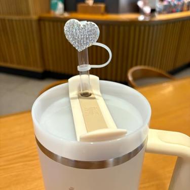 Imagem de Capa de canudo de coração brilhante para Stanley Cup - Topo de palha de diamante com strass prateado, acessório de copo Stanley brilhante para canudos de 10 mm