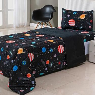Imagem de Edredom Solteiro Infantil Dupla Face Estampado Digital Fofinho Macio Avulso Micropecal 200 Fios (Planetas)