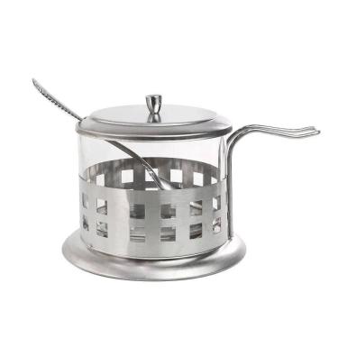 Imagem de Açucareiro Inox Vidro Prata Kit Completo Luxo Colher Tampa Removível Porta Açúcar Sal Pote Alça Chá Café