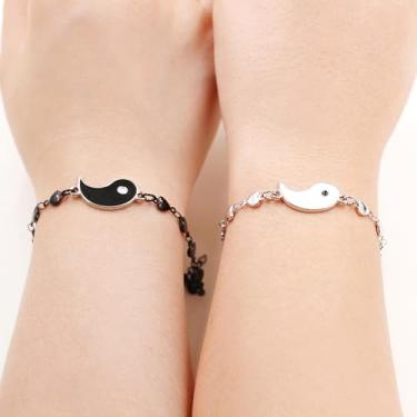 Imagem de Conjunto de pulseiras Yin Yang preto e branco com duas pulseiras de coração de aço inoxidável, símbolo de saúde e felicidade para o Dia dos Namorados, Natal, Ação de Graças, para homens, mulheres