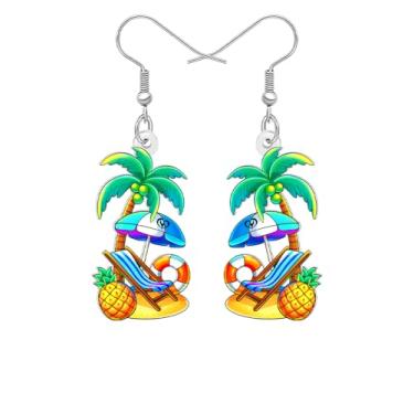 Imagem de Brincos pendentes de praia tropical havaiana, festa de luau de verão com boia de caranguejo, prancha de surf, palmeira, bebida de coco, designs de anel de natação arco-íris de concha, pingente de