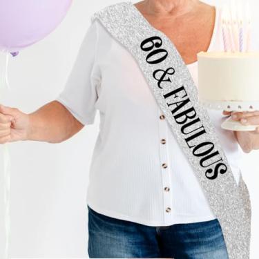 Imagem de Faixa de aniversário de 60 anos e fabulosa, lembrancinhas de festa com glitter preto e prata de 60 anos para mulheres, avó mãe, acessórios Happy 60th Bdy (80 x 9 cm)