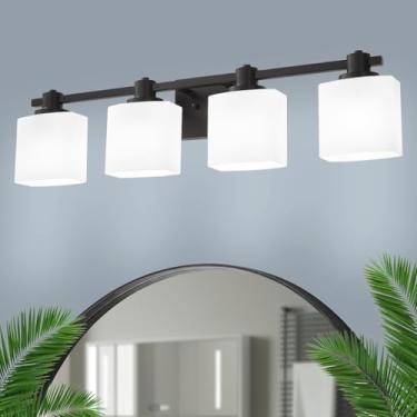 Imagem de NEDYZOG Luminária De Banheiro Preta Fosca De 32 Polegadas Sobre Espelho, 4 Luzes, Luminária De Banheiro, Vidro Leitoso, Luminária De Maquiagem, Arandela Pequena De Fazenda, Mesa Moderna, Iluminação
