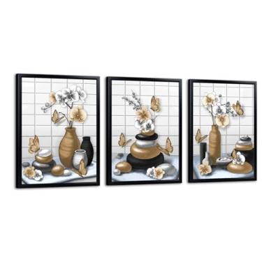 Imagem de RnnJoile Decoração de banheiro marrom imagens Zen arte de parede flor orquídea pedra zen moderna decoração de banheiro moldura preta 30 x 40 cm cada peça