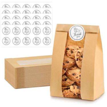 Imagem de Ocmoiy 100 sacos de biscoito com janela, sacos de padaria de papel kraft de 9 x 6 x 19 cm com adesivos de agradecimento para lanche, pipoca, grão de café, lembrancinha de festa, embalagem de biscoito