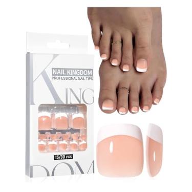 Imagem de French Tips Press on Toenails Women Fake Toe Nails Kit, Nude Pink Toenails Press on Acrylic Nails for Toenails for Toenure, 32 peças de cola em pedicure, 16 tamanhos, unhas falsas francesas curtas