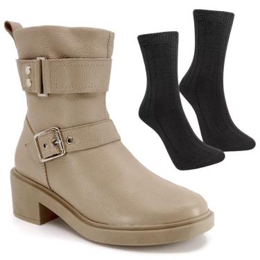 Imagem de Kit Bota Usaflex Cano Médio Salto Bloco Feminina + Par De Meia