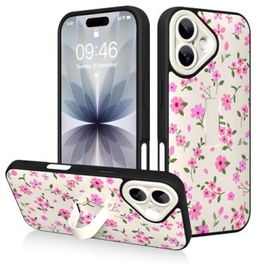 Imagem de AIGOMARA Capa para iPhone 17 com suporte de alça de dedo, estampa floral rosa para mulheres e meninas, capa protetora à prova de choque antiarranhões com suporte de mão, branca