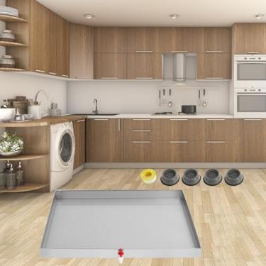 Imagem de Garvee Panela para máquina de lavar 71 cm x 76 cm de aço inoxidável 304 bandeja de drenagem de arruela compacta resistente com orifício de drenagem e adaptador de mangueira, 4 peças de pés de máquina