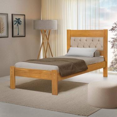 Imagem de Cama de Solteiro de Madeira Imbuia Viena com Cabeceira Estofada Veludo Bege