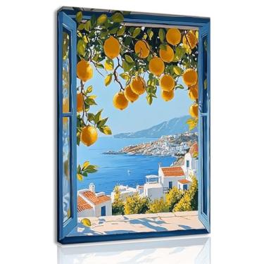 Imagem de BAOYILONG Arte de parede em tela costeira mediterrânea, limoeiro, janela, pôster, Santorini, impressões de paisagem marítima, arte emoldurada, decoração de quarto (WE59-2, 12,00L x 18,00W, emoldurado)