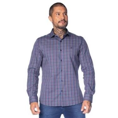 Imagem de Camisa Masculina Pitt Slim Manga Longa Algodão Azul/Vermelho-Masculino