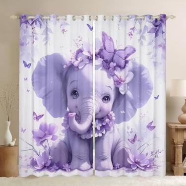 Imagem de Cortina de janela de elefante roxo para meninas, tratamentos de janela Kawaii, elefante 3D, 106 cm L x 150 cm C 2 painéis, cortina com estampa de borboleta de flor roxa fantasia, cortinas e cortinas