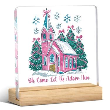 Imagem de Decoração de Natal rosa, decorações de Natal cristãs internas, árvore de Natal, floco de neve, igreja, sinal de acrílico, presente para mulheres, amigas, para casa, cozinha, quarto, escritório, mesa