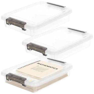 Imagem de Pacote com 3 caixas de arquivo de plástico transparente com tampas, caixas de armazenamento planas empilháveis para documentos A4, travas fortes, organizadores multifuncionais para uso em escritório