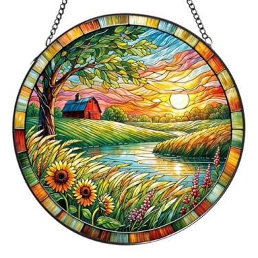 Imagem de Vitral de pôr do sol do campo para janelas, 20 cm/7,87 polegadas pintado à mão para apanhador de sol para jardim, Natal, Dia das Mães, Dia dos Namorados, festa, enfeites de inauguração de casa