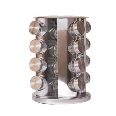 Imagem de Porta Temperos Giratório Preto Com 16 Potes De Vidro - Base 360°, Design Vertical E Organização Compacta