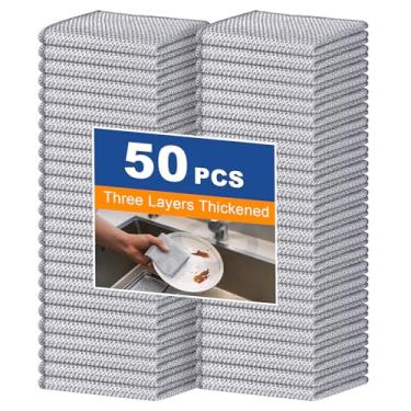 Imagem de 50 pares de pano de lavar louça multiuso com 3 camadas de fio de aço espesso – Pano de limpeza de metal sem arranhões para superfícies molhadas e secas, esfregão de cozinha reutilizável de longa