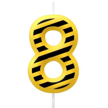 Imagem de Velas de aniversário de construção, velas números 8, topo de bolo listrado amarelo e preto para meninos e meninas, decoração de artigos de festa de aniversário de construção
