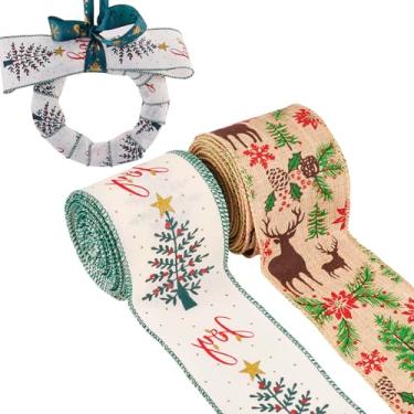 Imagem de Handship Fita de Natal de 10 metros de largura, 6 cm de largura, fita de juta de veado, borda com fio, rolo de fita de serapilheira para embrulho de presente de Natal, coroas de flores, artesanato