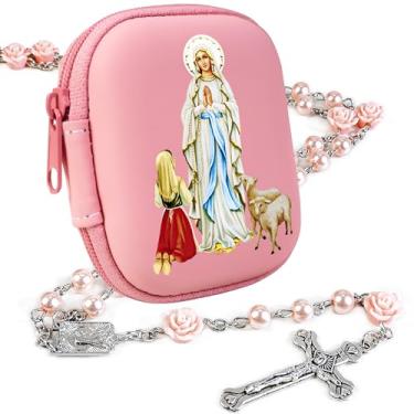Imagem de PLONKLY Rosário Católico para Mulheres - Contas de Pérola com Cruz Clássica, Caixa de Oração com Zíper da Virgem Maria, Presentes de Primeira Comunhão, Joias de Confirmação de Batismo, 6mm, Zinco, Sem